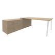 Bureau STEELY Manager - L180 x P100 x H72,5 cm - console retour à gauche (2 tiroirs) L200 x P60 x H72,5 cm - pieds blanc - plateau imitation chêne clair
