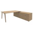 Bureau WOODY Manager - L210 x P100 x H72,5 cm - console retour à droite L200 x P60 cm - pieds blanc - plateau imitation Chêne clair