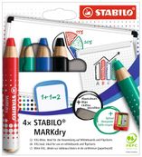 STABILO MARKdry - Pack de 4 crayons de coloriage larges + 1 taille-crayon et 1 chiffonnette  - couleurs assorties