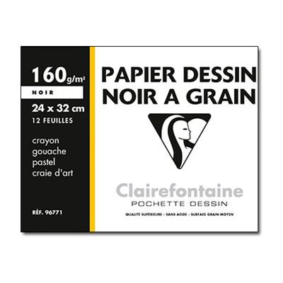 3329680967715-Clairefontaine Etival - Pochette papier à dessin - 12 feuilles - 24 x 32 cm - 160 gr - noir-Avant-0