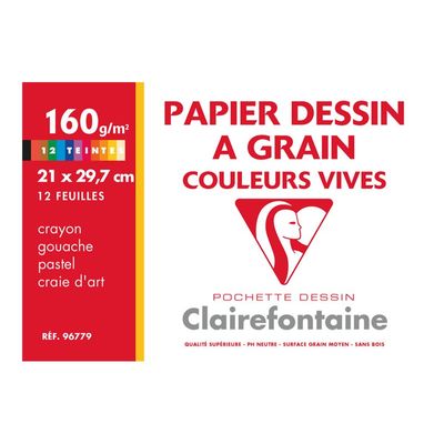 3329680967791-Clairefontaine Etival - Pochette papier à dessin - 12 feuilles - A4 - 160 gr - couleurs vives-Avant-0