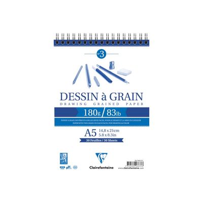3329680966336-Clairefontaine Dessin à Grain - Bloc croquis à spirale n°3 - A5 - 30 feuilles - 180 gr-Avant-0