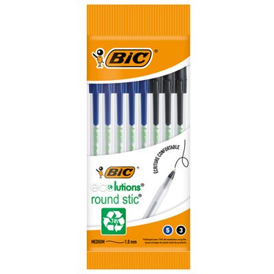3086123702929-BIC ECOlutions ROUND STIC - Pack de 8 stylos à bille - bleu et noir--0