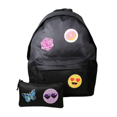 3666311018591-Sac à dos 1 compartiment + trousse à personnaliser avec 5 patchs autocollants - fille - noir - Bagtro--0