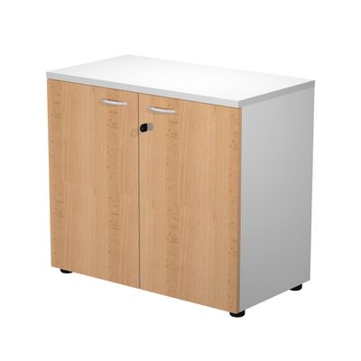 7331920002540-Bibliothèque basse Trend - L80xP44xH72 cm - 2 portes en mélaminé imitation hêtre avec serrure - gri--0