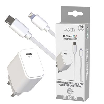 3701263527019-Jaym - Chargeur secteur pour smartphone + câble USB-C - blanc--0