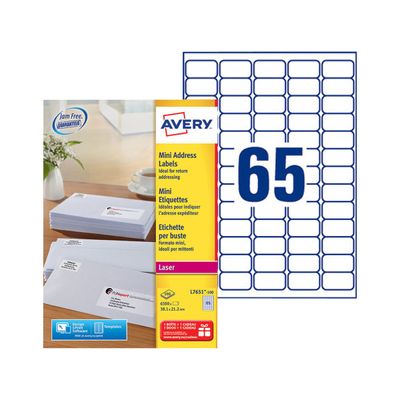 3266550263259-Avery - 6500 Mini Étiquettes adresse blanches - 38,1 x 21,2 mm - Impression laser - réf L7651-100--0