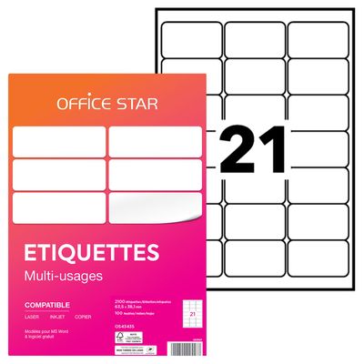 5014702025587-Office Star - 2100 Étiquettes multi-usages blanches - 63,5 x 38,1 mm - réf OS43435--0