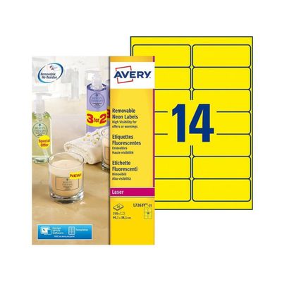 3266550263105-Avery - 350 Étiquettes amovibles jaune fluo - 99,1 x 38,1 mm - Impression laser - réf L7263Y-25--0