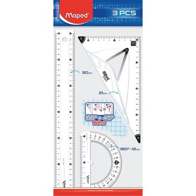 3154148971214-Maped - Kit de traçage 3 pièces : règle 30 cm, équerre 2 en 1, rapporteur 180°--0