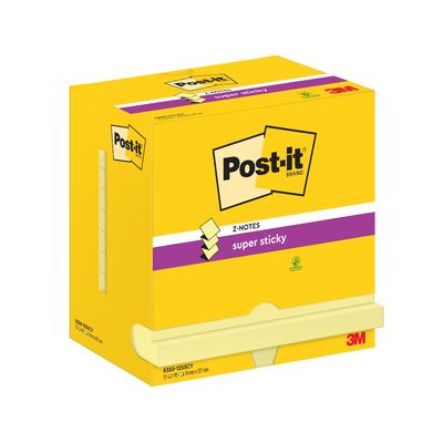 4064035065829-Lot de 12 blocs Z-Notes Post-it® Super Sticky, Jaune Canari, 76 mm x 127 mm, 90 Feuilles/Bloc 100% PEF--0