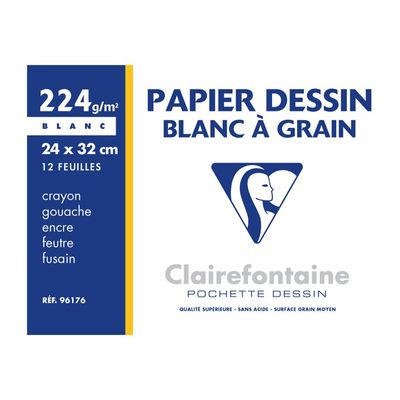 3329680961768-Clairefontaine Dessin à Grain - Pochette papier à dessin - 12 feuilles - 24 x 32 cm - 224 gr - b-Avant-0