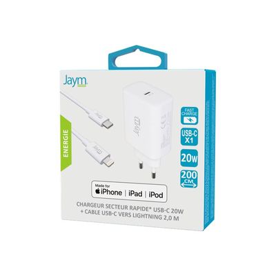3701263511780-JAYM - adaptateur secteur + câble de charge et de synchronisation - 1 USB-C - blanc-Angle droit-0