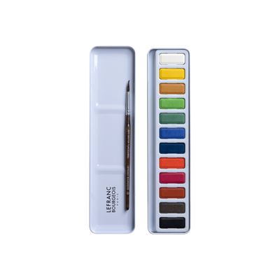 3013643014447-Lefranc Bourgeois Studio - Boîte métal 12 tablettes aquarelle avec pinceau - couleurs assorties-Haut-0