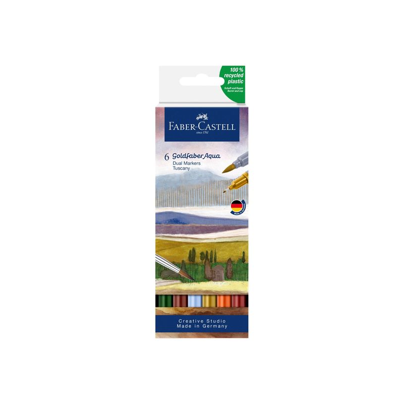 4005401645214-Faber-Castell Goldfaber Aqua Tuscany - 6 Feutres double pointe - rouge vénitien, terracotta, vert pin, siena fonc
