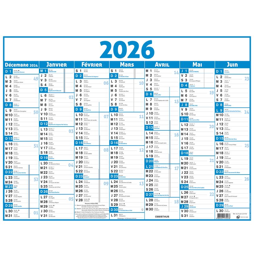 3664447209562-Calendrier Classique - 7 mois par face - 43 x 55 cm - bleu - Oberthur--0