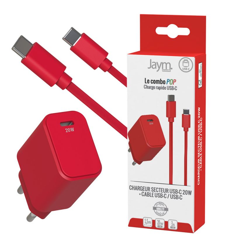 3701263527040-Jaym - Chargeur secteur pour smartphone + câble USB-C - rouge-P_405224309_2-0