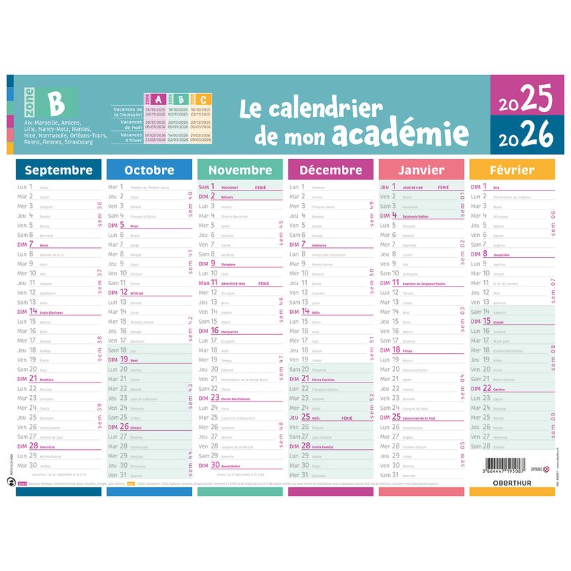 3664447195087-Calendrier de mon académie - Zone B - 6 mois par face - 32 x 42 cm - Oberthur-P_405228537_1-0