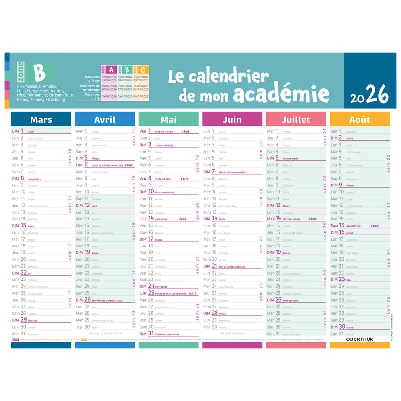 3664447195087-Calendrier de mon académie - Zone B - 6 mois par face - 32 x 42 cm - Oberthur-P_405228537_2-1