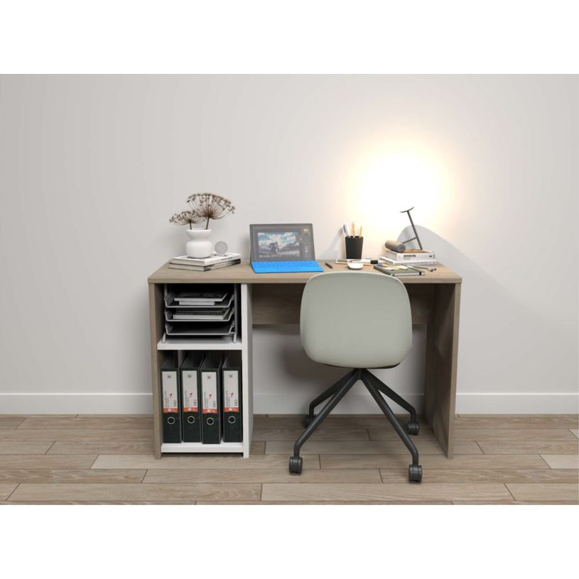 3483601209411-Bureau home office - Finition blanc et imitation chêne avec 1 partie rangement montable 