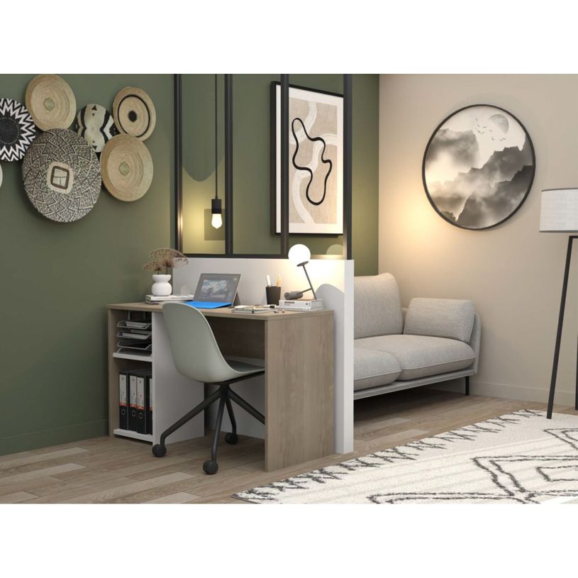 3483601209411-Bureau home office - Finition blanc et imitation chêne avec 1 partie rangement montable 