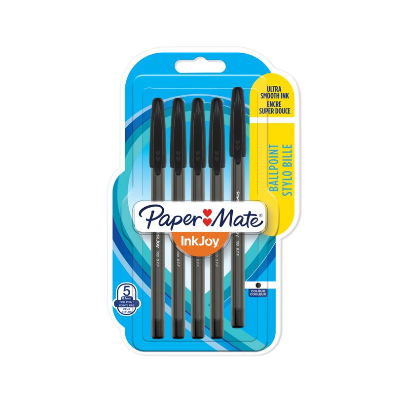 3501179567297-PAPER MATE® INKJOY 100™ - Blister de 5 stylos bille capuchonnés - Noir - Pointe fine--0