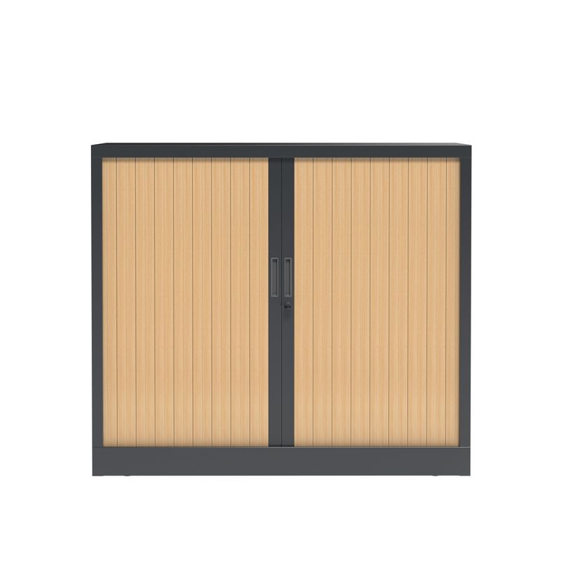 3700339995998-Armoire basse à rideau - L120 x H105 x P43 cm - corps anthracite/rideau chêne-P_405247673_2-1