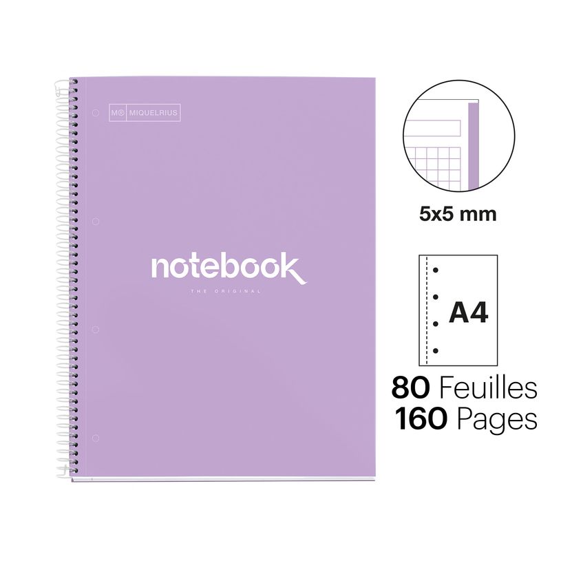 8422593460559-Notebook Emotions, couverture rigide, A4, quadrillage 5x5 mm, 80 feuilles de 1 couleur, Miquelrius, Lav--1