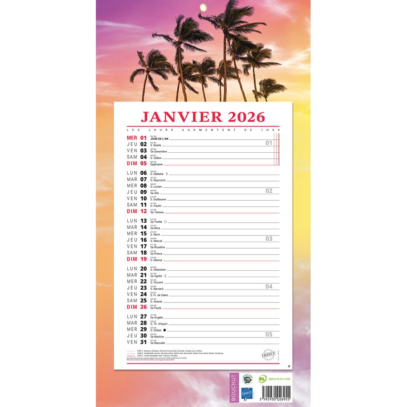 3592930026955-Calendrier bloc mensuel à feuillets année civile BOUCHUT "409 Exotique" 19 x 36 cm Pefc 70 %--0