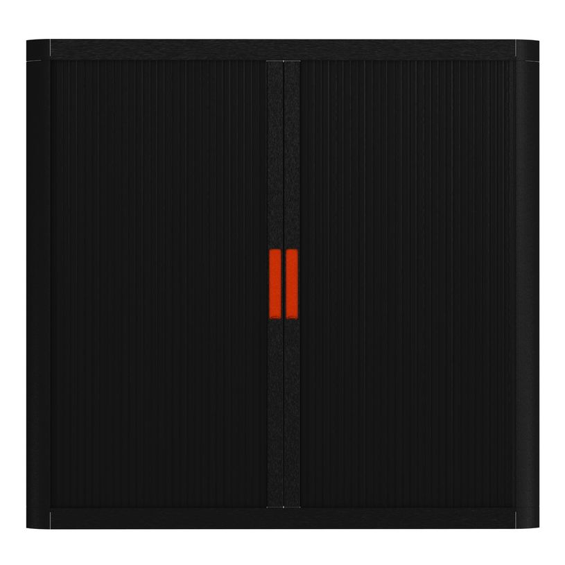 3660141930047-Armoire mi-haute à rideaux EASY OFFICE - 110 x 104 x 41,5 cm - Corps et rideaux noir - Poignée rouge--0