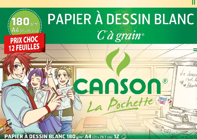 Canson - La Pochette C à Grain - Papier à dessin - A3 - 224 g/m² - 10  feuilles - Blanc